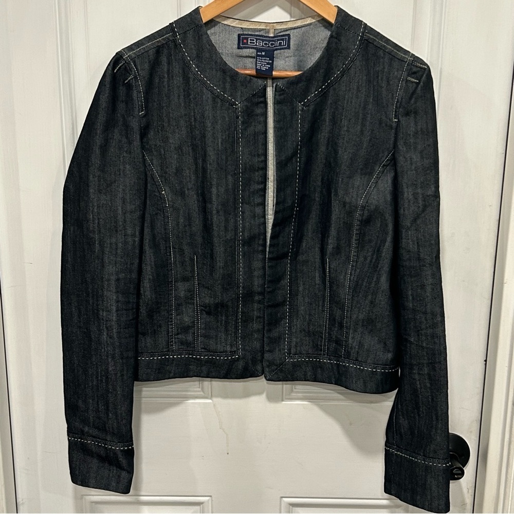 Baccini Woman’s Denim Jacket Topper, Size Medium, Dark Wash, Open Front